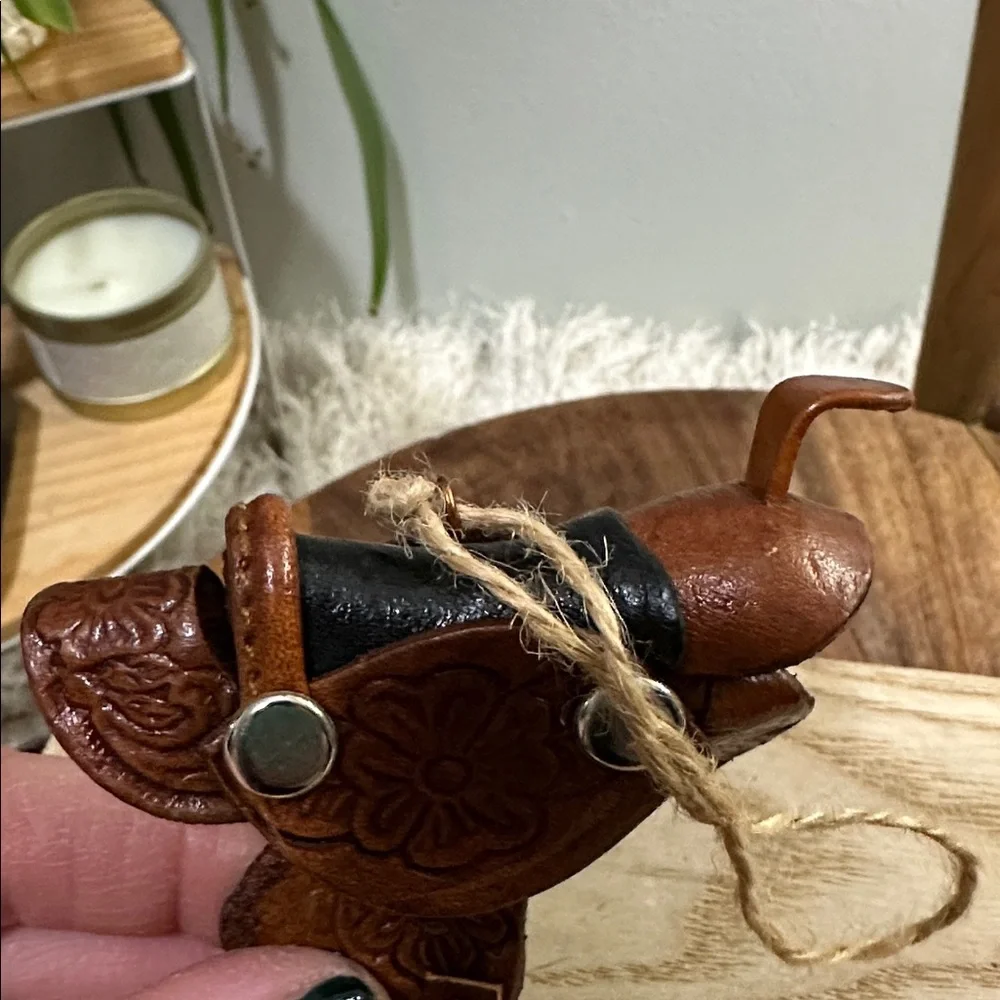 Western Brown‎ Tooled Leather Cowboy Hat & Saddle Christmas Ornaments Set Of 2